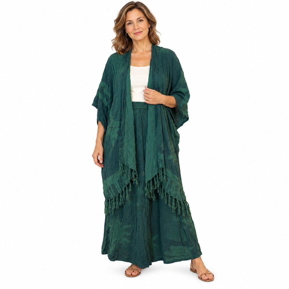 Southwest Indian Foundation Green Maxi Skirt & Open Fringe Kimono Jacket Set 2X